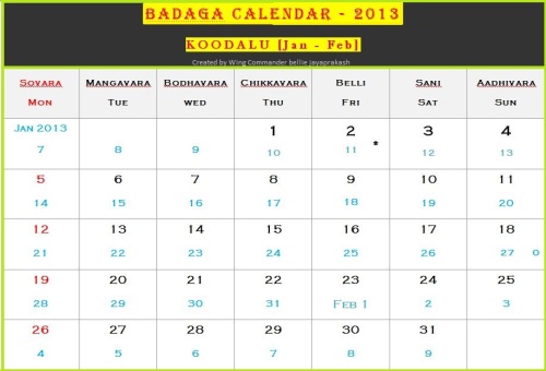 Badaga Calendar 2013